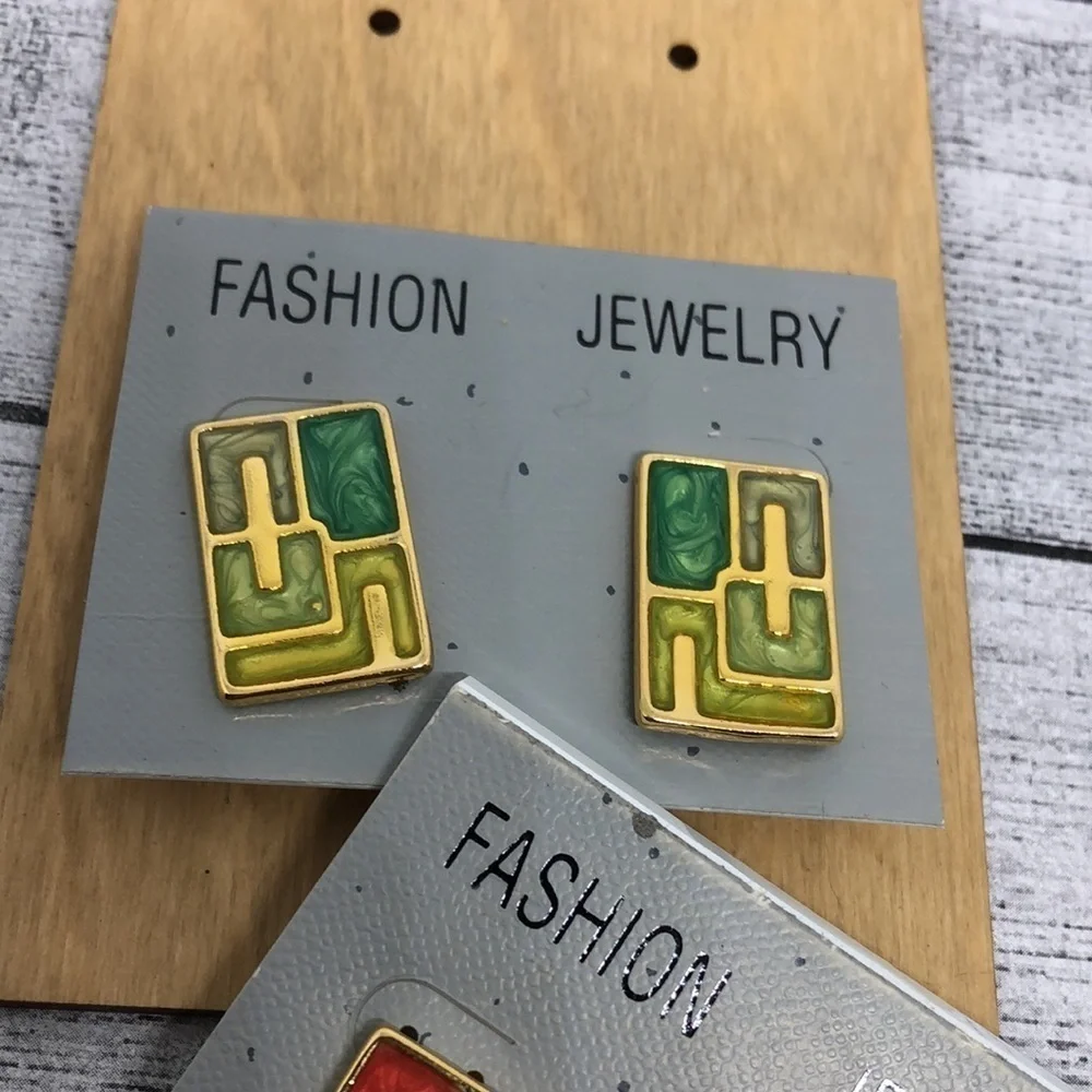 New old stock retro vintage clip on earrings statement modernist abstract enamel
